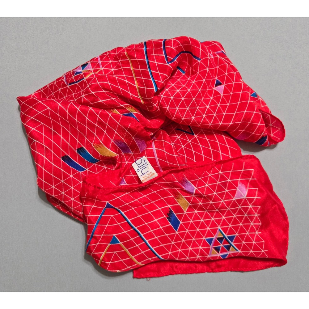 Hiroko Koshino Silk Scarf Red Geometric Japan Vintage Designer Oblong Wrap